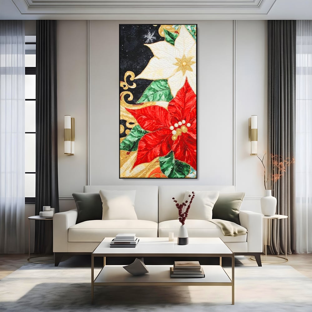 Tablou canvas cu tablou canvas cu craciunite rosii si albe, in rama de aluminiu negru, pe perete intr-un living